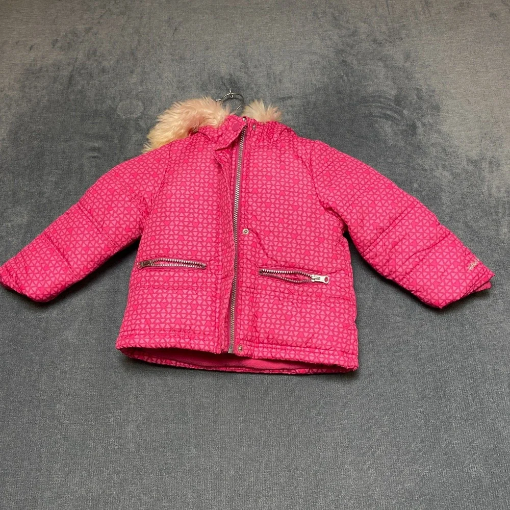 OshKosh B'gosh Hooded Puffer Jacket Girls 4T Pink Geometric Heart Print Full Zip